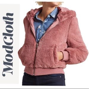 Pink teddy bear jacket w/hood, pockets, zi…